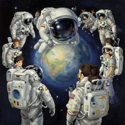 the air is like velvet, and the people are like a planetarium. the people are like an astronaut simulator. this is the future of the jet packs. by studio ghibli painting, by ohara koson and thomas kinkade intricate, elegant, highly detailed, digital painting, artstation, concept art, smooth, sharp focus, illustration, art by artgerm and greg rutkowski and alphonse mucha, 8 - k