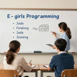 e - girls programming java and two people working by a whiteboard in the style of a norman rockwell painting