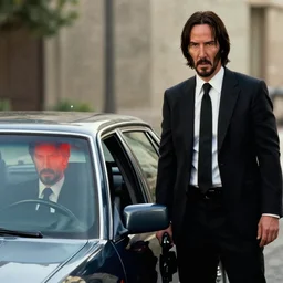 film still of Kate Beckinsale as John Wick with John's car in John Wick 2014, 4k