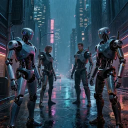 cyberpunk industrial city streetview. cyberpunk robots. night time. blade runner. rain. digital render. digital painting. beeple. noah bradley. cyril roland. ross tran. trending on artstation