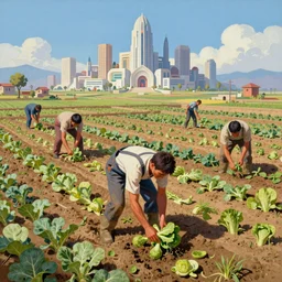 a mixed media painting of a country nepal in year 2 0 7 7 in overalls planting a field of vegetable crops, minimalist, a ruined futuristic art deco city sits in the distance, camera angle from the top, by frank frazetta, greg rutkowski, beeple, yoko taro, christian macnevin, beeple, wlop and krenz cushart, epic fantasy character art, volumetric outdoor lighting, midday, high fantasy, cgsociety, cheerful colours, full length, exquisite detail, post - processing, masterpiece, cinematic