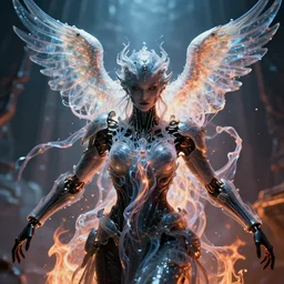 close-up macro portrait of the dark queen, epic angle, epic pose, symmetrical artwork, 3d with depth of field, blurred background. cybernetic jellyfish phoenix bird, translucent, nautilus. energy flows of water and fire. a highly detailed epic cinematic concept art CG render. made in Maya, Blender and Photoshop, octane render, excellent composition, cinematic dystopian brutalist atmosphere, dynamic dramatic cinematic lighting, aesthetic, very inspirational, arthouse