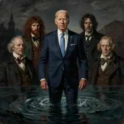 terrifying, surreal portrait of joe biden standing up to his shoulders in turbulent, shadowy water by j. c. leyendecker, bosch, william blake, stephen gammell, jon mcnaughton, and beksinski