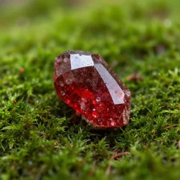 beautiful red crystal laying on a bed of moss, photorealistic, macro