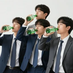 korean business men drinking from green bottles by huskmitnavn