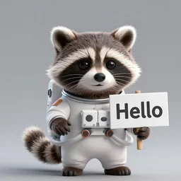 astronaut racoon holding a sign that says hello by esao andrews