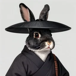 anthropomorphic jackrabbit harengon with black skin and white highlights, wearing stylized monk robes and a very wide brimmed black hat, focus on hat, digital art featured on artstation