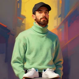 a young man with a chin - style brown beard without mustache in a black cap, a light green turtleneck sweater and a white sneakers, in full height, unreal engine, digital painting, vivid colors, vibrant colors, sharp focus illustration, artstation hq. intricate, elegant, medium shot, art by wlop