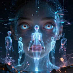 trapped in my conscious inside a utopian cyber galaxy, night vision, sky falling glitch, look me inside of my eyes, x ray humans, transparent holographic being, holographic, bioluminiscent creatures, intricate artwork by beeple. octane render, trending on artstation, emily poblano very coherent symmetrical artwork. cinematic, hyper realism, high detail, octane render, 8 k