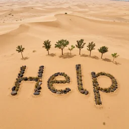 birds eye view of a desert with the word help made out of trees and rocks in big writing on the floor