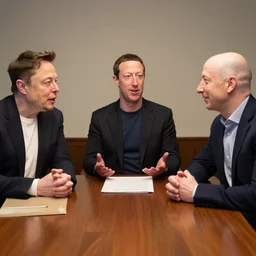 Elon Musk, Mark Zuckerberg, Jeff Bezos secret meeting by Bruce pennington and Greg Rutkowski