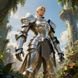 large hulking female knight in a hi-tech botanical world with blue skies | style of donato giancola, vincent callebaut, dramatic light | high detail | cinematic lighting | pristine metals, glass, plants | solarpunk | golden hour | volumetric lighting | concept art |