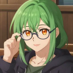anime portrait of a handsome woman, green hair, orange eyes, wearing reading glasses and dark jacket, ilya kuvshinov, anime, pixiv top monthly, trending on artstation, cinematic, danbooru, zerochan art, kyoto animation