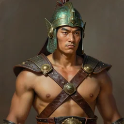 smart tai warlord, closeup portrait, historical, ethnic group, traditional tai costume, bronze headset, intricate, with leather armor cross onbare chest, elegant, loin cloth, highly detailed, oill painting, artstation, concept art, matte, sharp focus, illustration, hearthstone, art by earl norem