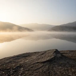 photo of epic landscape with a lake, golden hour, misty ground, rocky ground, distant mountains, close-up, macro, hazy, foggy, atmospheric perspective, altostratus clouds,, cinematic, 1000mm lens, anamorphic lens flare, photographic, octane render, cinematography by roger deakins, in the style of ansel adams, low details,