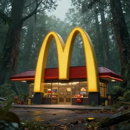 pristine mcdonald's in the apocalyptic forest, hyper realism
