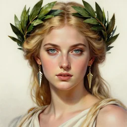 drawing of a beautiful greek goddess aphrodite wearing a laurel wreath and arrowhead earrings, beautiful confident and piercing eyes, beautiful blonde hair, hyper realistic face, in the style of greg rutkowski, fantasy, amazing detail, epic, elegant, smooth, sharp focus, from the front