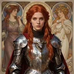 a portrait of a medieval fantasy female elven cleric, beautiful, red long straight hair and grey eyes, metal armor, red cape, dragon necklace, very detailed, amazing quality, stunning, by rebecca guay and alphonse mucha and ilya kuvshinov, artstation, pixiv, digital art,