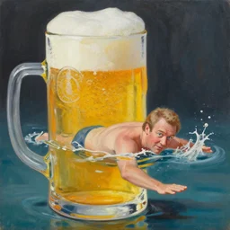Oil painting: George Wendt as Norm Peterson swimming in a large glass of beer