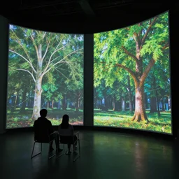 visor with curved translucent screens projecting detailed trees ( 2 0 4 2 ), pixel perfect photograph, high contrast, volumetric lighting, thin glowing lights, chair, users, pair of keys