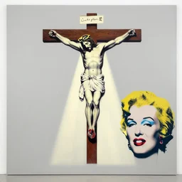 a huge light beam illuminating jesus christ crucified painted by cy twombly and andy warhol