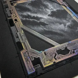 an elaborate black matte paper with ornate chromatic foil trim repeating tiled pattern made of geometric circuitry and finely stitched smoky black silk with ornate rainbow details during a stormy night, dark grey rainbow color palette, atmospheric perspective, style of satoshi kon, style of jeff soto, style of peter mohrbacher