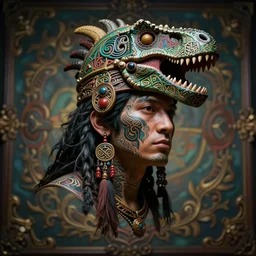 hyperrealistic hyper detailed neo-surreal close-up 35mm portrait of levitating psychedelic shaman covered in Celtic tattoos, dinosaur head headdress, rococo matte painting concept art very dramatic lighting low angle hd 8k sharp shallow depth of field