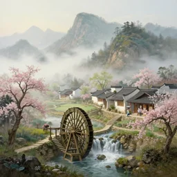 a gorgeous early spring landscape painting by barlowe wayne maxfield parrish and marco mazzoni. early morning mist, tyndall effec, light effect. tchinese village. china waterwheel. the winding steps, waterfall from the mountain. ultra clear detailed. highly detailed, 3 d, octane render.