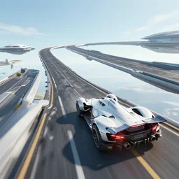 zoom lines. skyways. octane render of a screenshot from a futuristic sci - fi hovercar racing ps 4 videogame featuring floating roads. f - zero gx. san francisco rush 2 0 4 9. award winning. energetic, lively electrifying, dramatic, expressive, lucid, striking, graphic, resplendent, potent. cyberpunk. high - contrast. vivid.