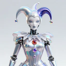 front shot of a court jester!!!! character, polished, glossy, holographic crystals, bionic futurism, robotic cyborg, 8 5 mm f 1. 8, ominous elegant elaborate highly detailed concept, polygonal shards, artstation sharp focus ray tracing cinematic masterpiece fine portrait, by artgerm greg rutkowski tooth wu beeple