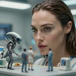 beautiful hyperrealism three point perspective film still of gal gadot medical bay xenomorph scene in aliens, extreme closeup portrait in style of frontiers in porcelain miniature photography fashion edition, miniature porcelain portrait, eye contact, tilt shift style scene background, soft lighting, kodak portra 4 0 0, 8 k, macro, cinematic style by emmanuel lubezki