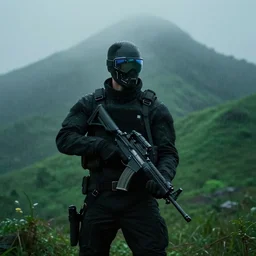 still from bladerunner 2049 (2017) man wearing black tactical gear. mountain in background obscured by fog volumetric raining. green hill. Cyberpunk soldier holding rifle intimidating, reflective visor, emissive details. dark low exposure overcast skies.