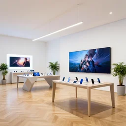 pbr materials ( ( ( ( ( minimalist neon flagship samsung store, white walls. oak parquet floor. hanging lights. geometric furniture, large digital screens. display tables with phones and tablets, verdant plants ) ) ) ) ) concept art,, john berkey, beeple, wlop, makoto shinkai, yoji shinkawa, wadim kashin, artstation, 4 k