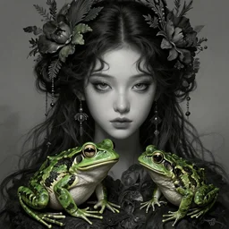 hyperdetailed dark fantasy portrait of princess and the frog with floral plants in hair. by greg rutkowski, highly detailed, digital painting, artstation, smooth, sharp focus illustration, artstation hq. intricate, elegant, 8 k, unreal engine. art by wlop and artgerm and ayami kojima. dan mumford, tomokazu matsuyama, takato yamamoto