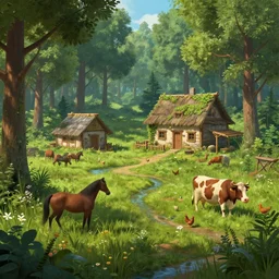 dream render of a gorean homestead in the woods, lush, green, flowers, summer, creek, a horse, cows, chickens, matte painting, digital painting, art by patrick moncrief, 3 d, environment visualization, games, animation, video games, aaa