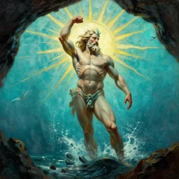 cose up of muscular Poseidon rising from the ocean, full body in portrait pose, sun rays , small bird sihouettes  in cyan background , very textured detailed  oil painting by rembrandt , hard backlight , in dark cave