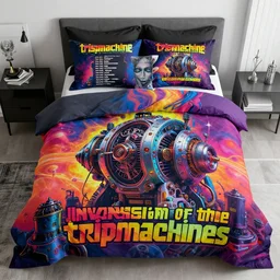 photo of of bedlinen in a modern bedroom, band merchandise, bandname is tripmachine, tourname is invasion of the tripmachines, realistic digital art, bedlinen is textured with a 3 d render of a huge futuristic steampunk generator, 8 k, fluorescent colors, halluzinogenic, multicolored, exaggerated detailed, unreal engine