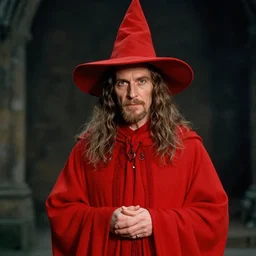 portrait of rincewind wearing bright red wizard robe and hat by greg rutkowski
