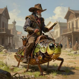 A very highly detailed cowboy wizard with a very highly detailed face with spellbooks and potions riding on a very higly detailed large grasshopper insect on the street of a wild west town digital rational painting art by Greg Rutkowski, sci-fi magic highly detailed, digital concept art, sharp focus, realistic concept art by Stephen Hickman and James Gurney and Hiromasa Ogura Ghost in the Shell rendered in Octane Render, From the distance