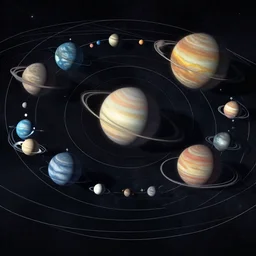 cinematic system solar made of flat planets perfect drawing all planets in orbits, digital science drawing