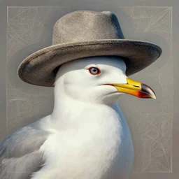 a seagull wearing a hat, by artgerm and greg rutkowski, artstation, deviantart, artspace, artspan, artslant, etsy, pixiv, artfol, behance, instagram, artbox, artube, artstar, artsy, minted, beeple, artgerm, hyperrealism, intricate 4 k