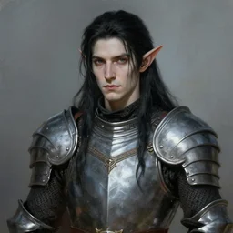 portrait of a attractive male elf with pale skin and long black hair, medieval, character design, armor, painting by wlop, nixeu and greg rutkowski, beautiful, semirealism, artstation, octane render, sharpness, 8 k, golden ratio