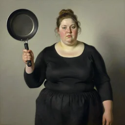 a fat lady dressed in black holding a large frying pan edward hopper