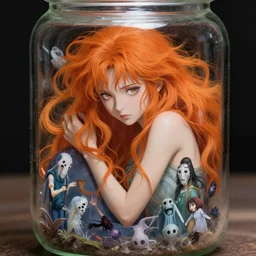 a fairy with wild orange hair trapped inside a jar | | fine detail!! anime!! realistic shaded lighting!! by ilya kuvshinov katsuhiro otomo ghost - in - the - shell, magali villeneuve, artgerm, jeremy lipkin and michael garmash and rob rey