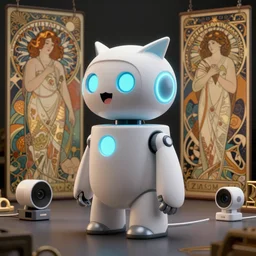 product photo of a futuristic happy surprised robot pet, minimalistic kindchenschema, by artgerm and greg rutkowski and marc newson and zaha hadid, alphonse mucha, zaha hadid, samsung apple webcam, sleek matte glossy materials, neon, owl inspired. side view, volumetric light, detailed, octane render, midsommar