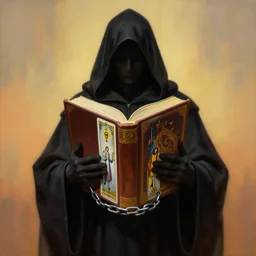 painting of a cloaked priest holding a massive book with both hands, hood hiding the top part of his face in shadows, book attached to his wrist with a chain, zdzislaw beksinski, lewis jones, mattias adolfsson, artgerm, cold hue's, warm tone gradient background, concept art, symmetric, tarot card, dramatic lighting, smooth, sharp focus, highly detailed, digital painting