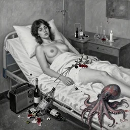 black, portrait of a female art student in a hospital bed, sensual, smashed bottles, radio, wilted flowers, squashed berries dripping, octopus, scientific glassware, dripping paint, candlelight, neo - impressionist, surrealism, acrylic and spray paint and oilstick on canvas