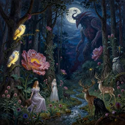 painterly dreamy Kupala Night in the forest with trees, giant flowers, glowing owls, deers, women, lianas, thistles, giant fantasy creatures, a stream and sky with moon and stars by Beksinski, Alex Grey, Aron Wiesenfeld and Giger dark fantasy, witcher, very detailed oil painting in the alla prima style, masterpiece, 8k