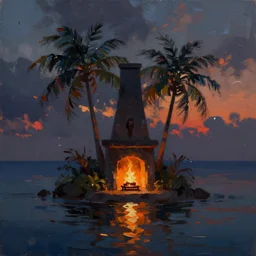 a very very small island! woman!!! fireplace!! palm trees, dark very late evening cloudy sunset, dramatic and dynamic lighting, thick brush strokes oil impasto painting