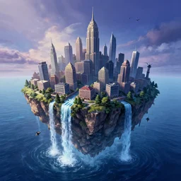 curved perspective digital art of a metropolis built on a island floating above the sea in the sky, waterfalls fall from the island into the sea from nightmare before christmas by anton fadeev